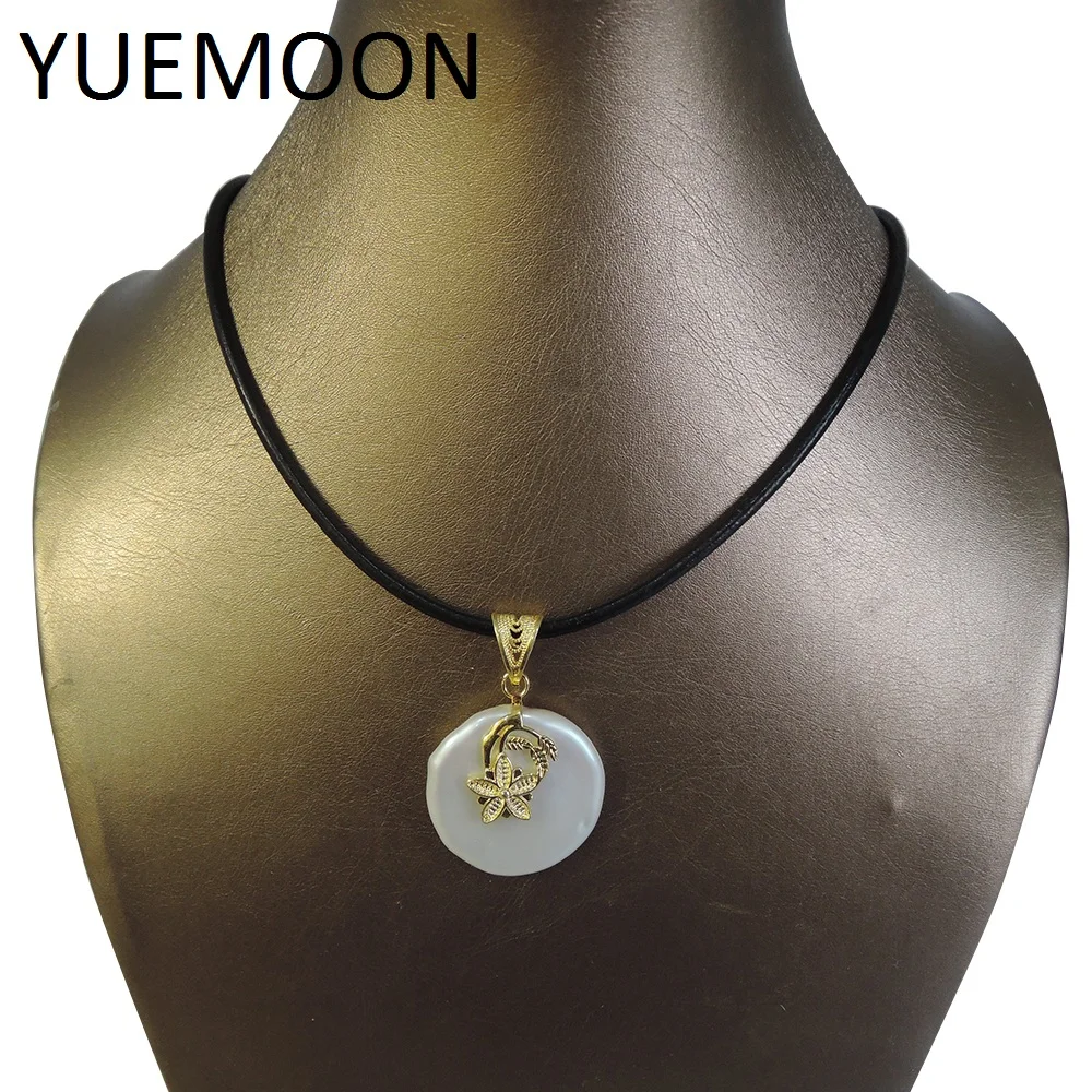 

100% nature freshwater pearl pendant necklace ,REAL LEATHER chain-25-30 mm big coin shape baroque pearl,in silver and gold