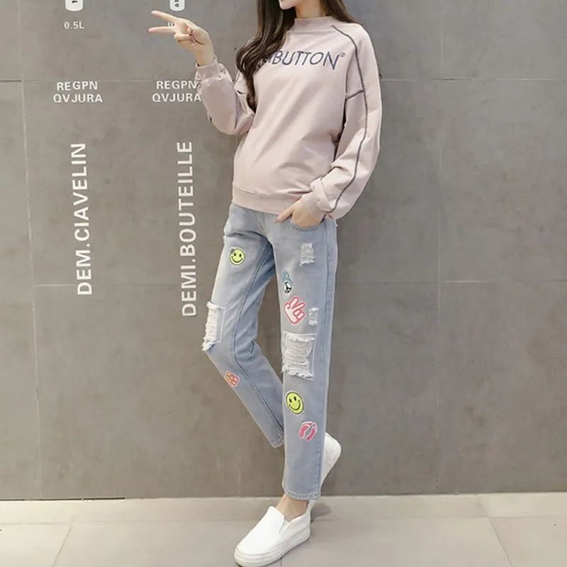 Kobeinc Spring High-stretch Pregnant Women Jeans Summer Fashion Printing Hole Maternity Pants Clothes For | Мать и ребенок