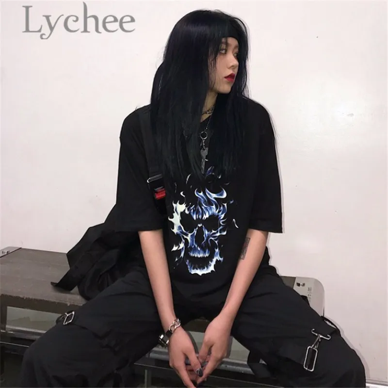 Lychee Harajuku Ghost Flame Print Lady Футболка Топ тройники круглый вырез свободный короткий рукав весна лето женские футболки Топ тройники
