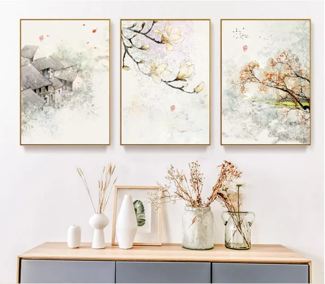 

OKHOTCN New Chinese Ink Floral Abstraction 3 Pieces Wall Art Print Picture Unframed Canvas Painting Poster for Living Room