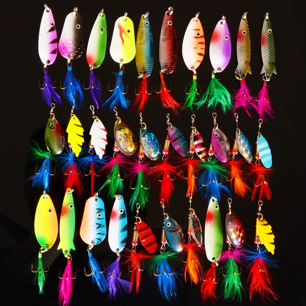 

30pcs/lot Fishing Lure Spinner&Spoon Mixed color/Size/Weight/ Hook/Diving depth Metal Lures hard bait fishing tackle Free Ship