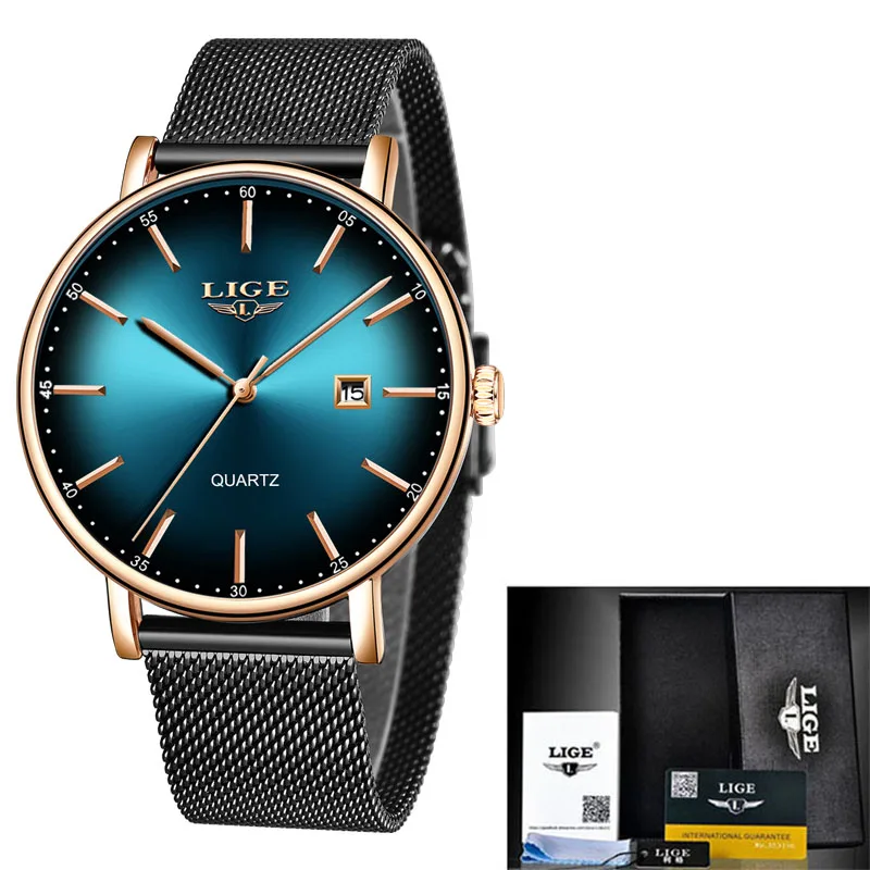 rose gold green LIGE модные мужские часы Топ бренд класса люкс Синий водонепроницаемые часы ультра тонкий Дата Простые повседневные кварцевые часы мужские спортивные часы - Цвет: rose gold green