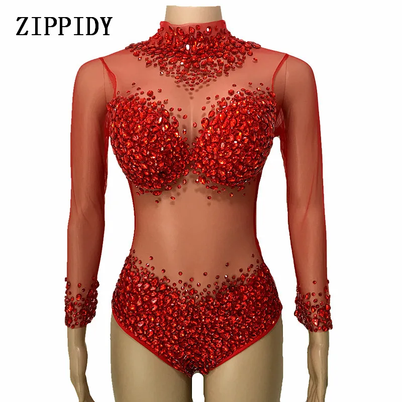 Red Big Crystals Mesh Bodysuit Long Sleeves Perspective Leotard Nightclub Dance Women's Birthday Party Celebrate Sexy Bodysuits