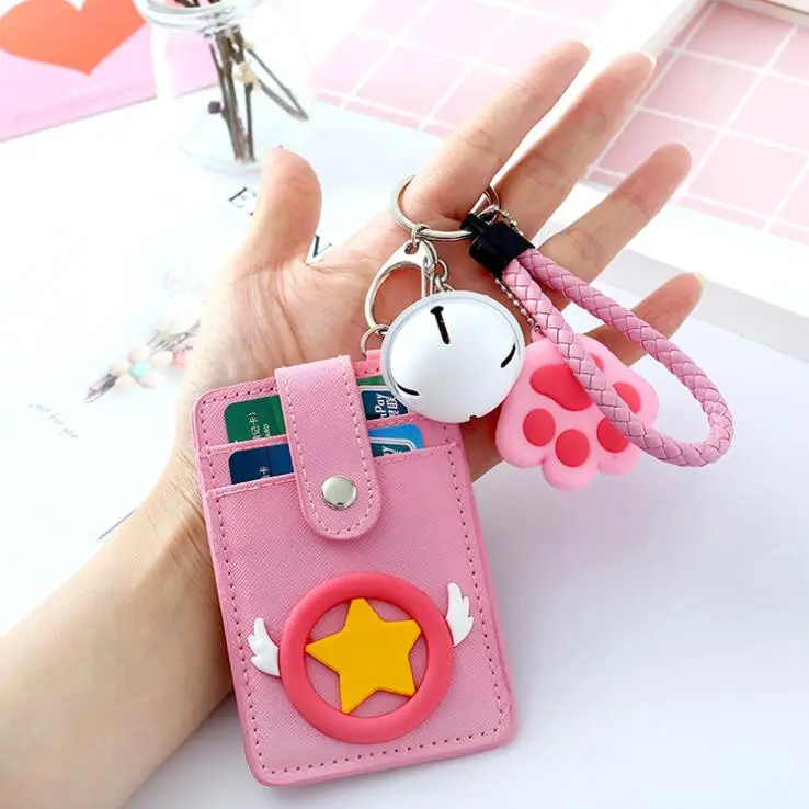Kawaii PU кожаный двухсторонний розовый Колокольчик в форме сердца Веревка держатель карты автобусных банковских и идентификационных карт брелок защитный чехол