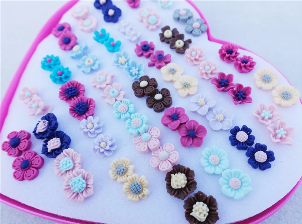 Серьги гвоздики пластиковые в квадратной коробке 12 пар/партия|flower stud earrings|earrings for