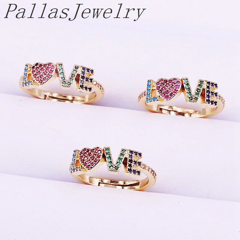 

10Pcs Multi Rainbow CZ Cubic Zirconia Micro Pave For Party Gold-color Adjustable Rings Women Jewelry Gifts