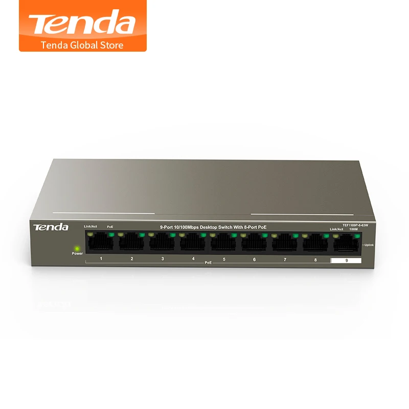Настольный сетевой коммутатор Tenda TEF1109P 8 63W 9 100 Мбит/с 802 3af/at PoE 58 Вт 250 м 6 кВ с