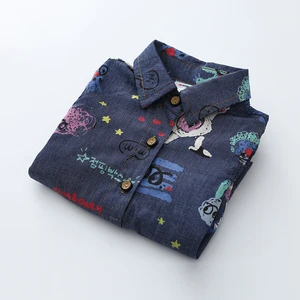 Новинка весна-осень 2020, детская одежда, Джинсовая блузка с длинным рукавом и животным принтом для маленьких девочек