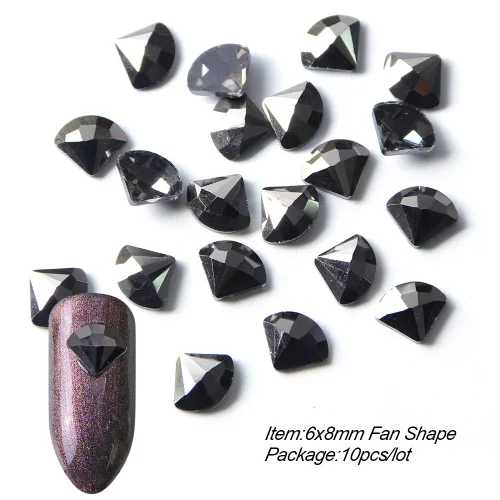 6x8mm Fan Shape 10 шт, черные стразы, украшения для дизайна ногтей, сердце, капли в форме кристалла, камни с плоской задней частью, дизайн ногтей, ювелирные камни TR724 - Цвет: 6x8mm Fan Shape