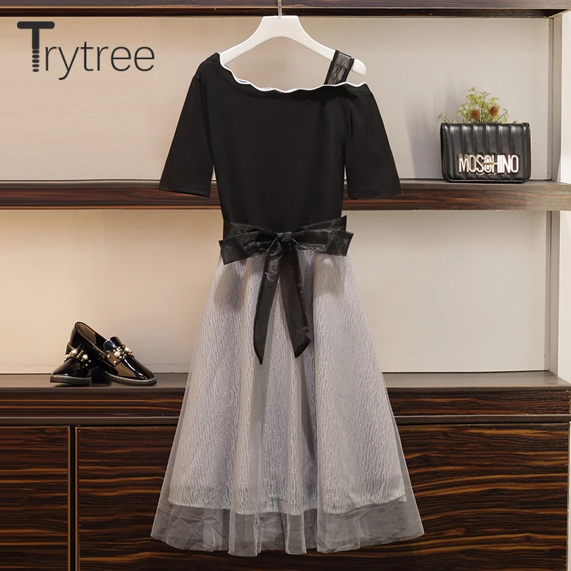 Trytree/летние женские платья повседневные с вырезом лодочкой Лоскутная Сетка