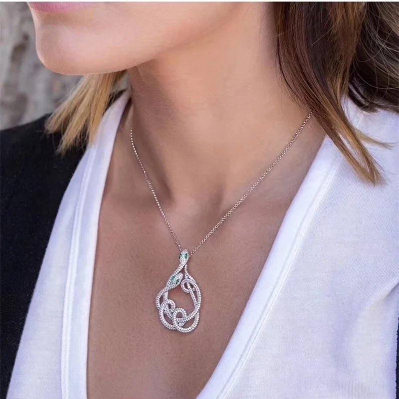 

Fashion 925 Sterling Silver Zircon Chain Necklace snake Pendant Necklace Monaco Wonderland Women Bridal Jewelry Xmas Gift