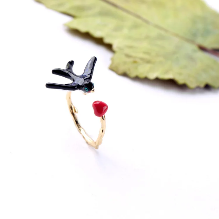 Модный простой дизайн женское черное открытое милое эмалевое кольцо с ласточкой