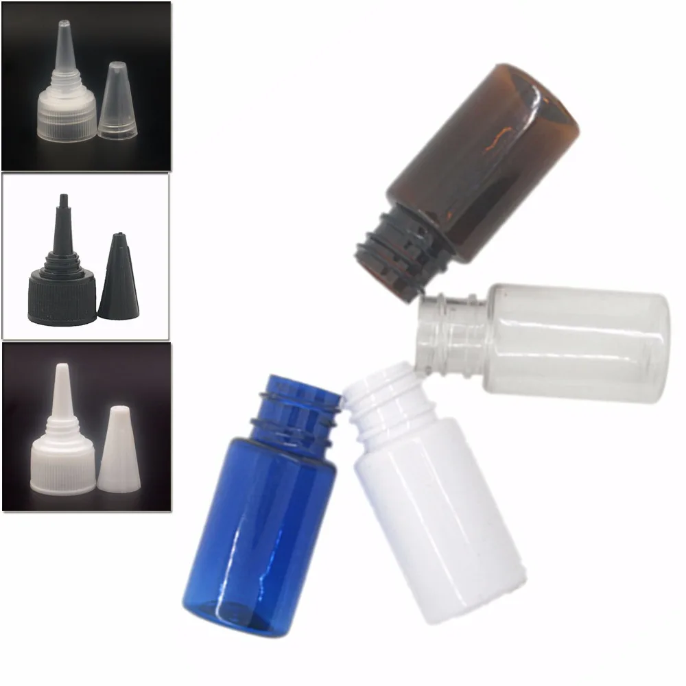 

10ml empty Plastic Bottles, clear/white/amber/blue PET bottle with transparent/white/black twist-open dispensing cap X 10
