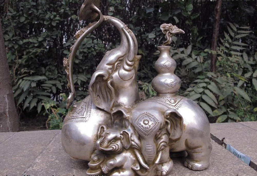 

10 Chinese Folk White Copper Silver Lucky Three Elephant God Play Ru Yi Statue