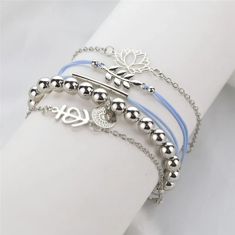 LUSION Trendy Bohemian Leaf Lotus Circle Fistula Bracelet Sets For Women Fashion MultiLayer Charm Bangles Female New 5Pcs/set