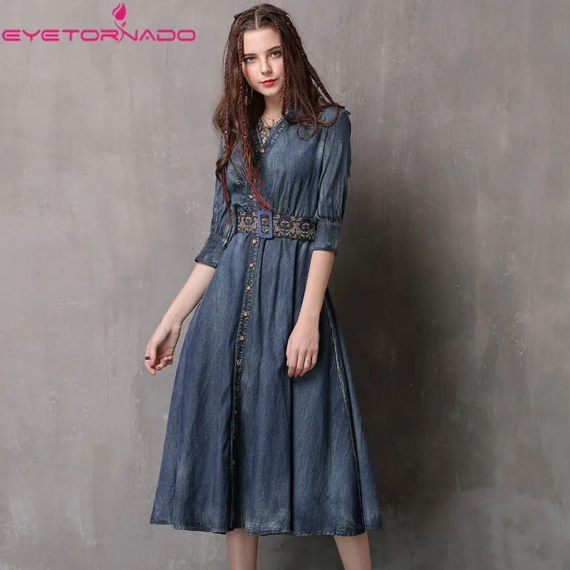 

Women Single Breasted Water Wash Denim Dress Half Sleeve Embroidery Belt Ethnic Jeans Dress Ladies Casual Vintage Midi Dresses