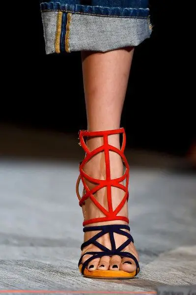 

Name brand patchwork suede strap crisscross sandals contrast color strappy sandals double ankle buckle strap high heel sandals