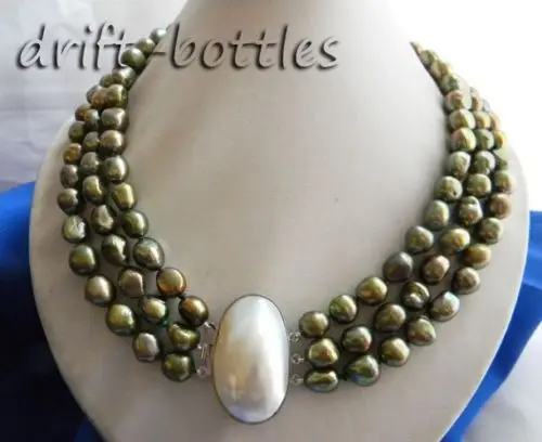 

3strands 18'' 10mm Green Baroque Freshwater Pearl Necklace