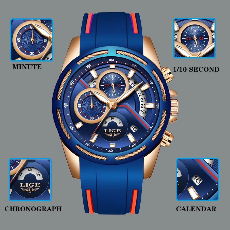 Часы LIGE мужские спортивные водонепроницаемые кварцевые с автоматическим