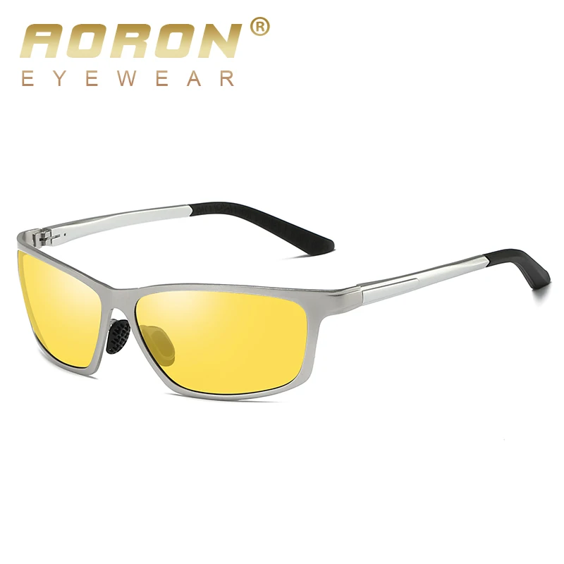 Night Vision Silver AORON, мужские поляризованные солнцезащитные очки, ночное видение, очки для водителей, UV400, зеркальные, алюминий, магний, солнцезащитные очки, металлические, мужские, Gla - Цвет линз: Night Vision Silver