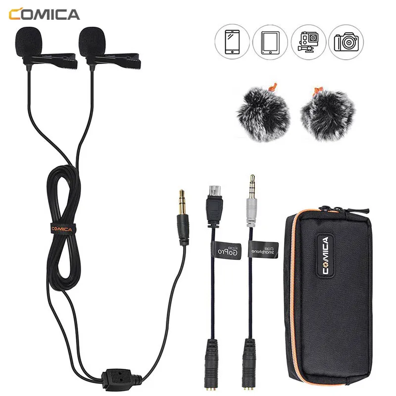 Comica CVM D02 двойной петличный микрофон с отворотами клип на интервью для iPhone Android