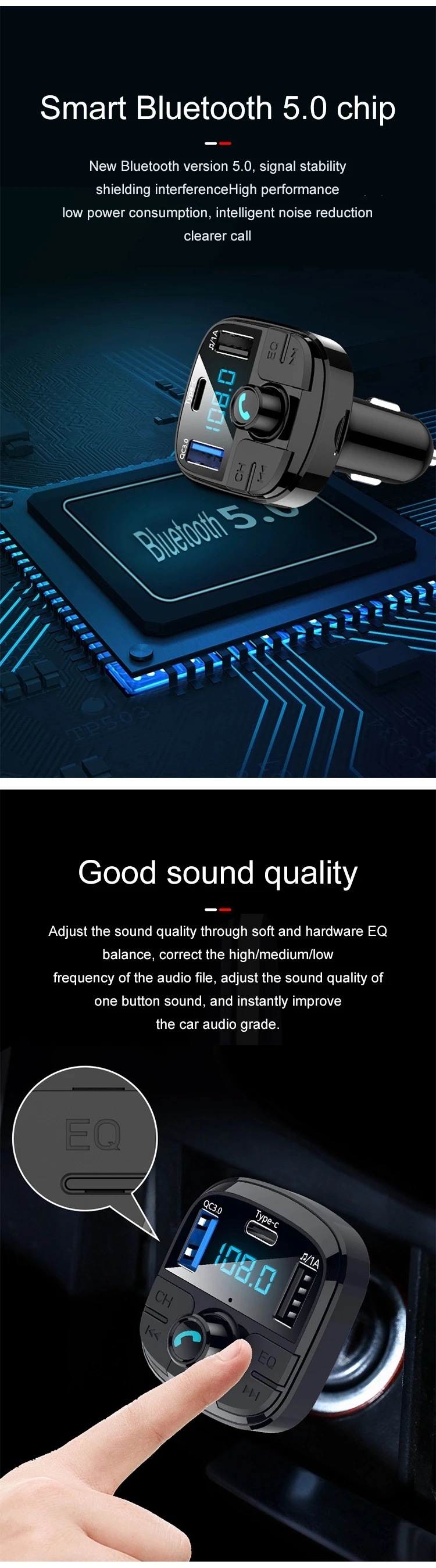 JINSERTA Latest Bluetooth 5.0 Car FM Transimtter QC3.0 Quick Charger Type-c FM Modulator TF USB Pendrive Music Car MP3 Player