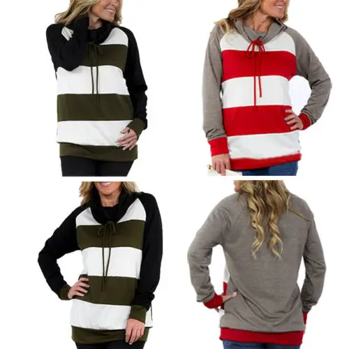 

Women Classical Pocket Hooded Sweatshirt Striped Hoodie Pullover Jumper Coat Tracksuit Top