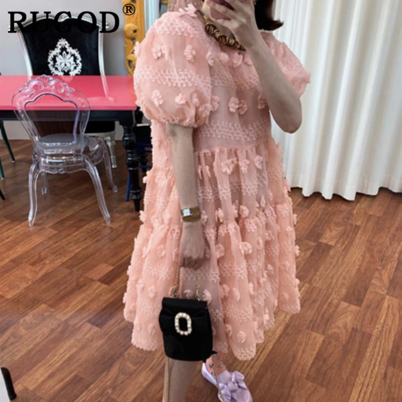 Женское шифоновое платье RUGOD белое Свободное с рукавами-фонариками в Корейском