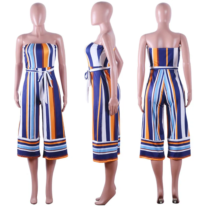 

Sexy Off Shoulder Wide Leg Jumpsuit Women Sleeveless Striped Print Backless Strapless Rompers Loose Club Party Overalls Sashes