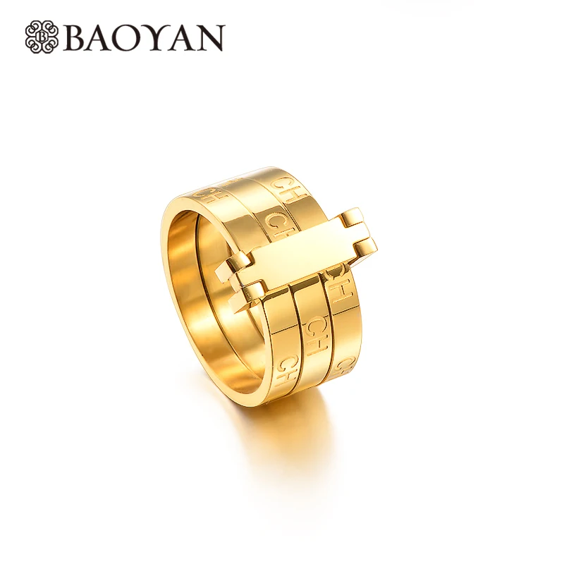 

Baoyan Gold Plating Stainless Steel Lock Rings Engraved CH Letter Couple Rings Fashion Brand Wedding Engagement Rings For Women