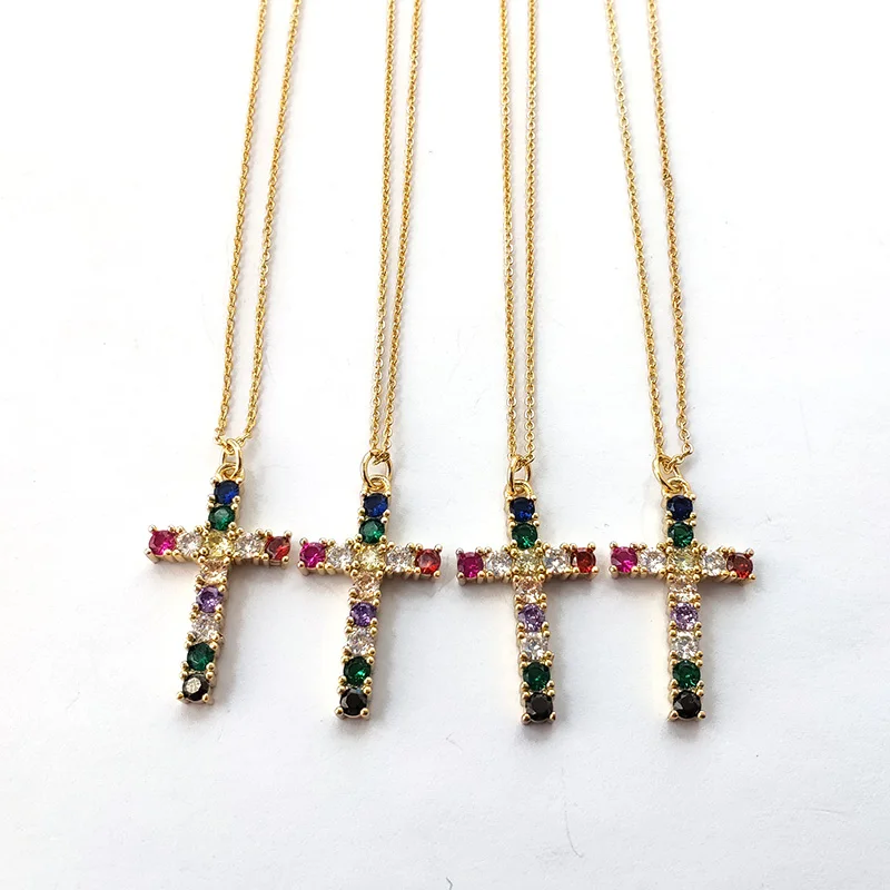 

10Pcs Fashion Rainbow Cubic zirconia micro pave cross Pendant Necklace, Multi-color CZ stone Charms Women Jewelry NK440
