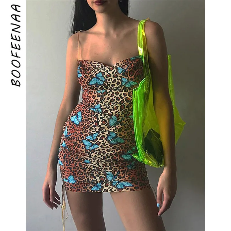 Сексуальное летнее платье BOOFEENAA с леопардовым принтом облегающие мини платья на