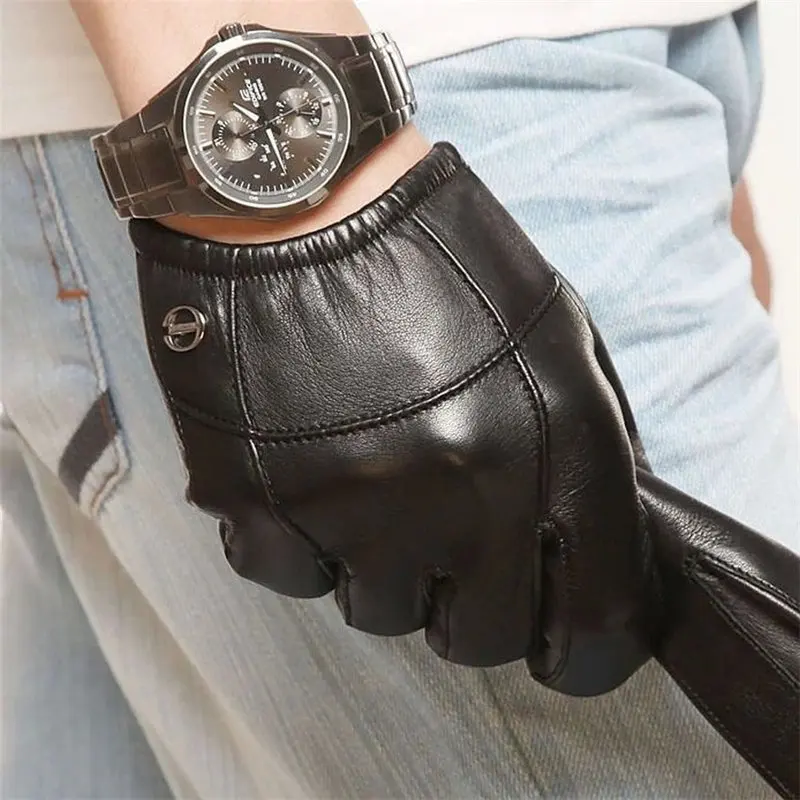 Black Goatskin Специальное предложение короткие стильные мужские перчатки на запястье эластичные из натуральной кожи модные кожаные перчатки для вождения EM004PN-5 - Цвет: Black