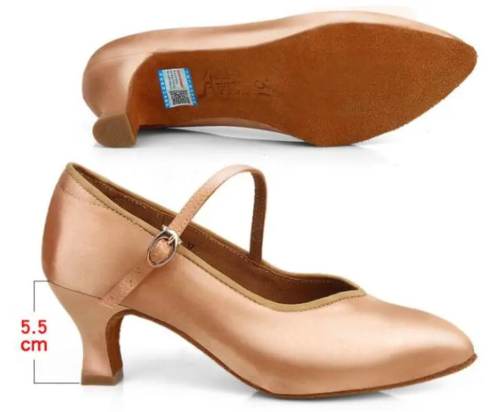 Tan 5.5cm Heel Женская обувь для бальных танцев, латинских танцев, Женская атласная обувь с закрытым носком для сальсы, Танго, вальса, тонкий каблук 5,5 см/6,5 см/7,5 см - Цвет: Tan 5.5cm Heel
