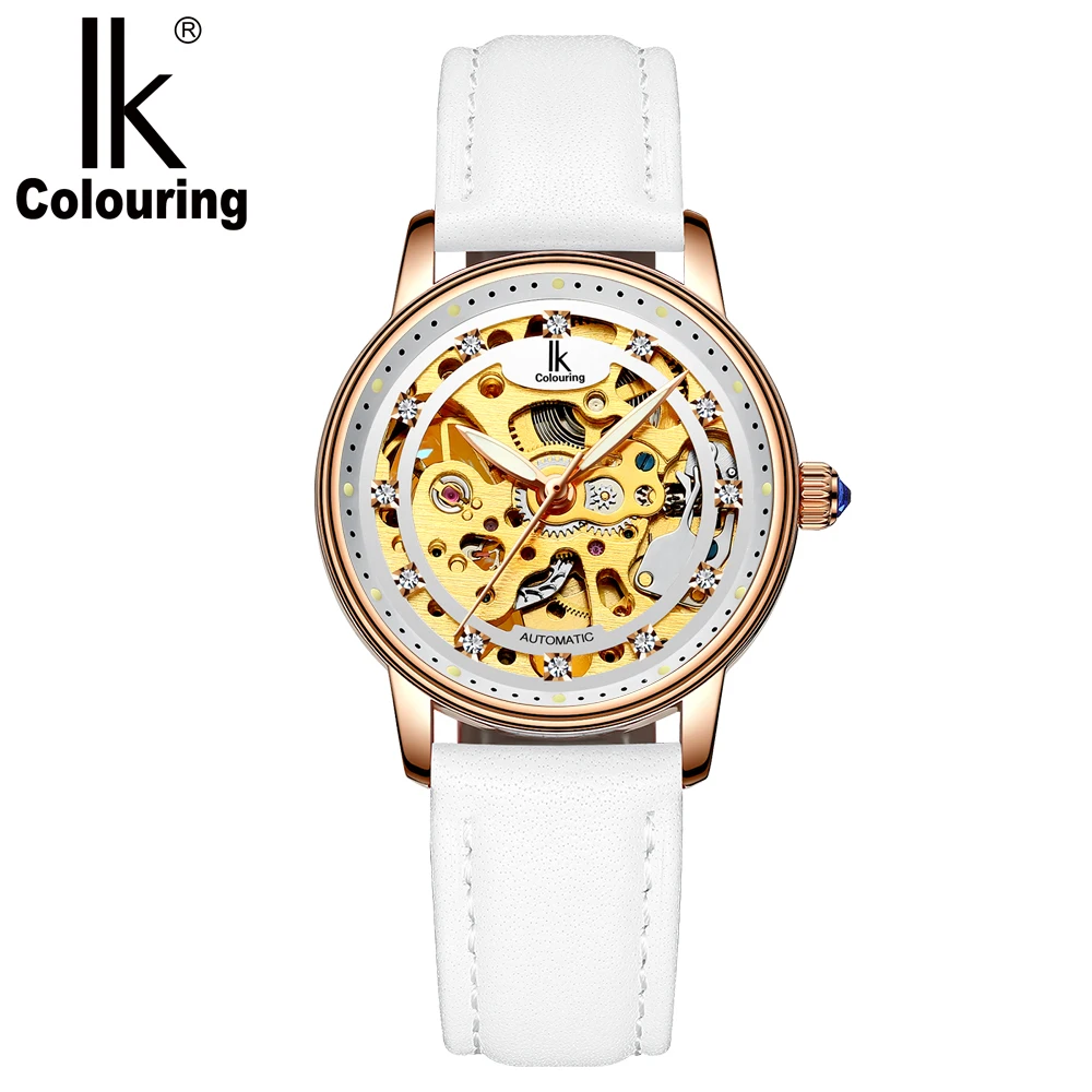 IK coloring Reloj Mujer Розовое Золото Скелет автоматические механические Роскошные Кристальные кожаный ремешок женские наручные часы
