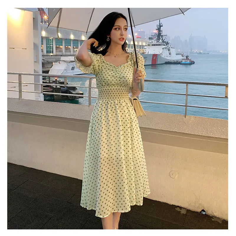 Новая летняя женская одежда волновой точки короткие Платье с рукавами Корея