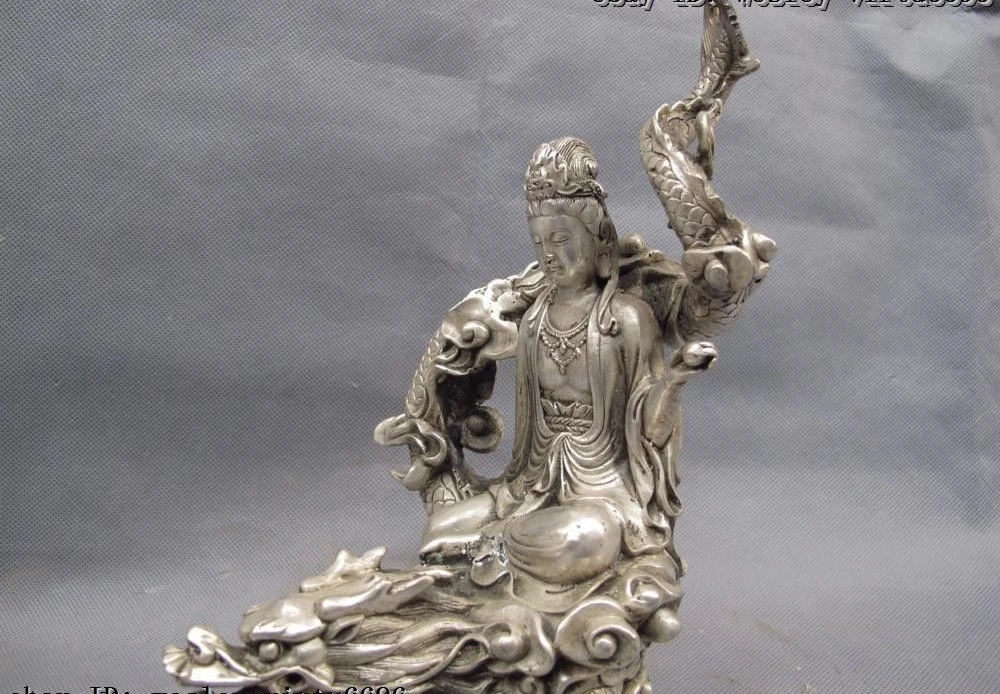 Chinese Buddhism White Copper Silver Ride Dragon Guan Yin Kwan-yin Boddhisattva | Дом и сад