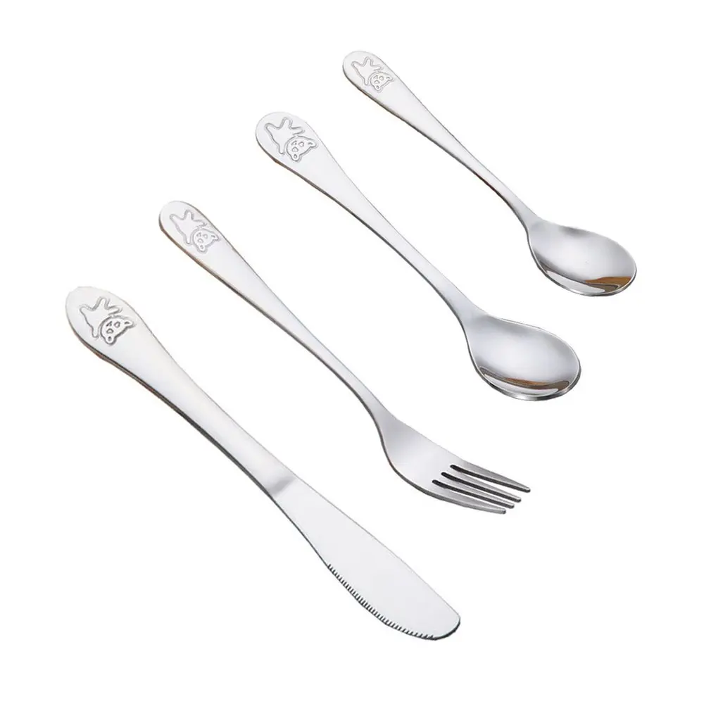 

4pcs/set Teaspoon Spoon Fork Knife Utensils Set Stainless Steel Baby Kids Learning Eating Habit Children Tableware