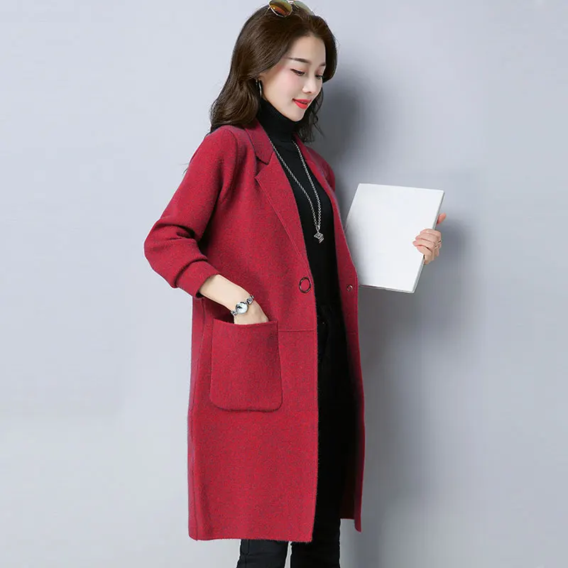 Autumn Knitting Female Cardigan Solid color Medium Long Fashion Coat shawl Winter Button Red wine Sweater Women Outside SS138 |