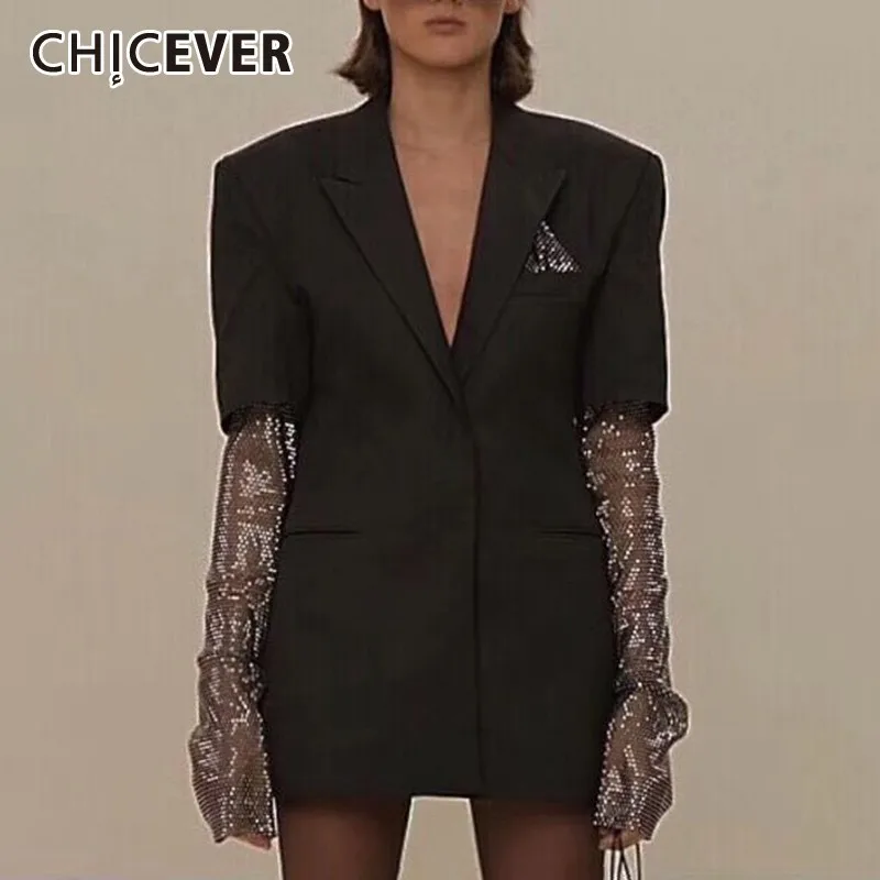 

CHICEVER Korean Blazer For Women Notched Collar Loose Long Sleeve Diamond Patchwork Coats Female Fashion New Clothes 2020 Autumn