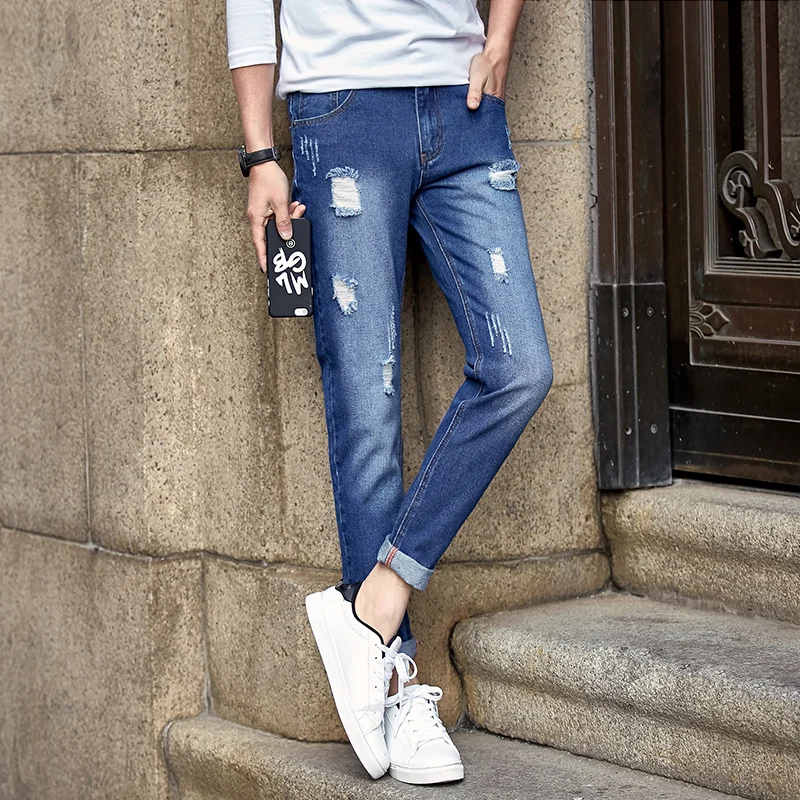 Мужская версия Корейской моды тонкий ноги сломанные отверстия джинсы мужские
