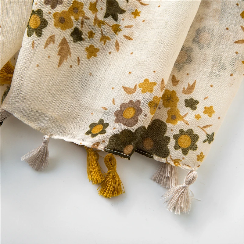 

Vintage scarves female spring new yellow tone small flowers simple wild long scarf travel shawl
