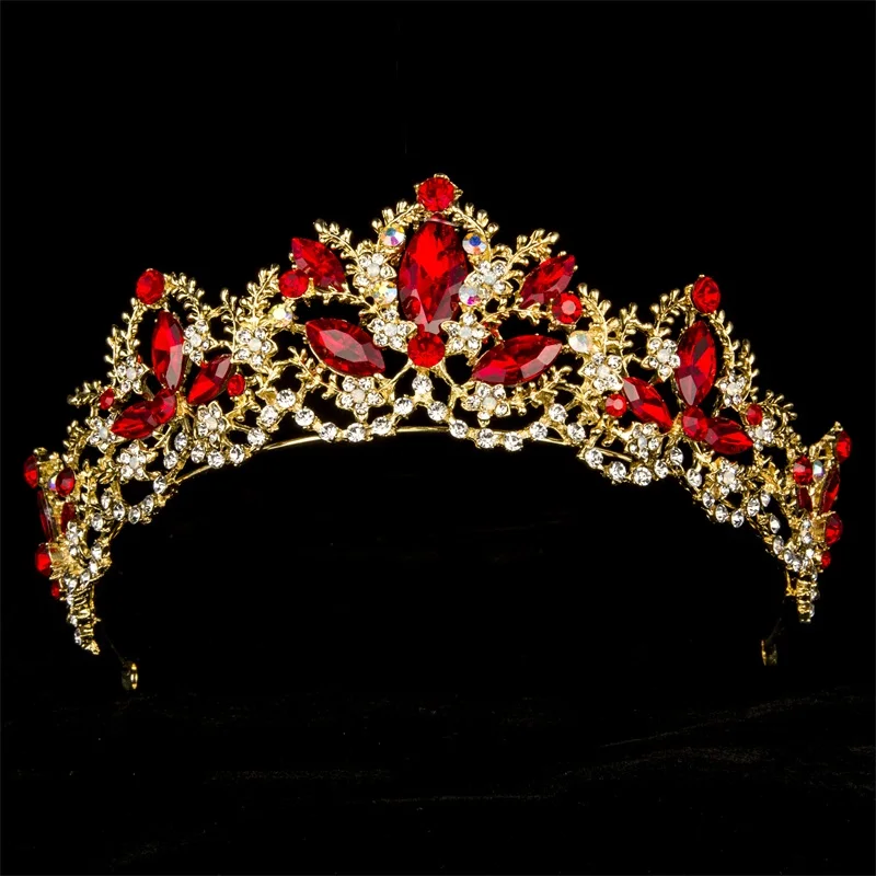 red Свадебная Корона, повязка на голову, свадебные диадемы и короны, женские Стразы, головной убор, принцесса, выпускной, кристалл, диадема, невесты, украшения для волос - Окраска металла: red