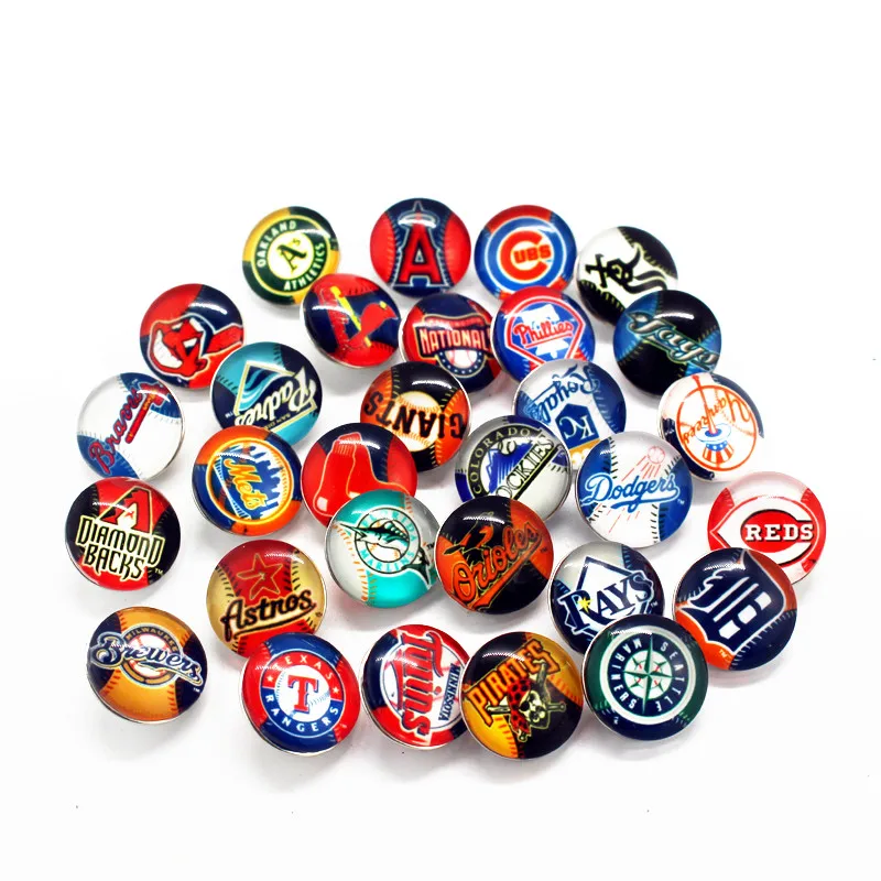 

New Style 20pcs/lot 30 Teams Glass Snap Button Baseball Chams Fit DIY Ginger 18mm/20mm Bracelet Necklace Making Jewelry