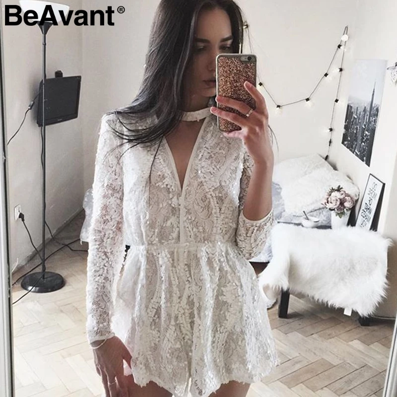 BeAvant 2018 белый кружевной комбинезон с блестками сексуальный пляжный v образным