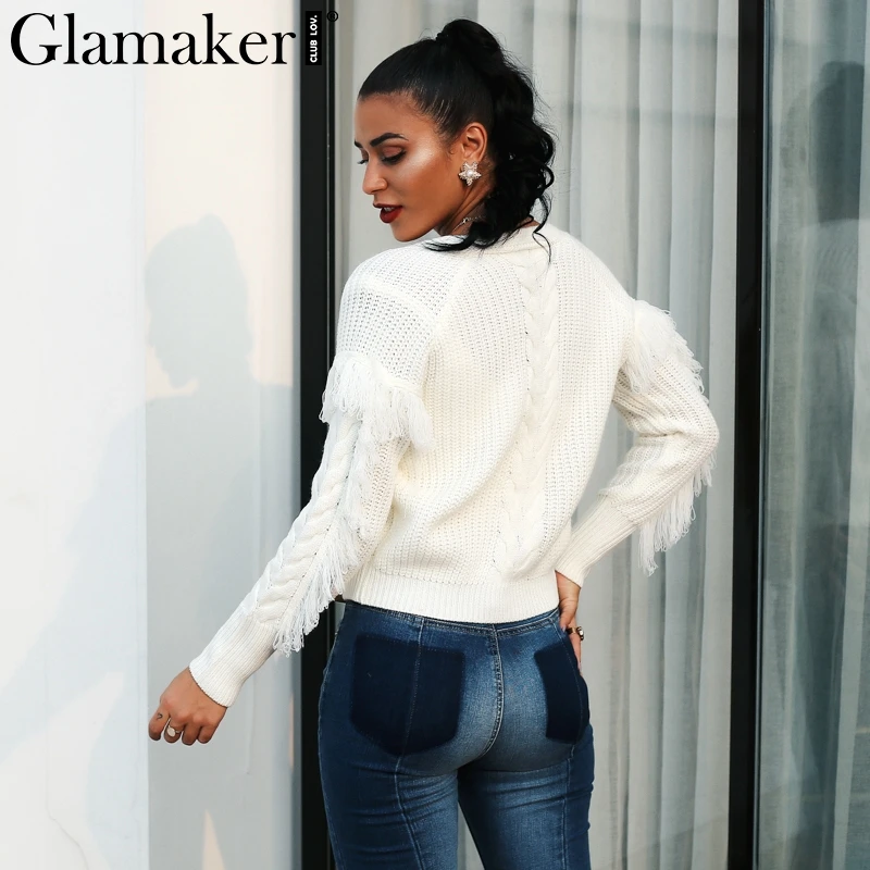 Женский белый свитер Glamaker вязаный с кисточками и треугольным вырезом длинным