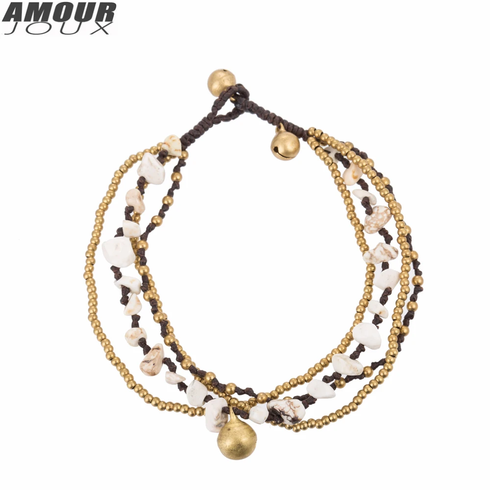 AMOURJOUX, многослойные, ручной работы, 5 цветов/камни, колокольчики, ножные браслеты для женщин, браслет на лодыжку, женский браслет на ногу, Женские Ювелирные изделия