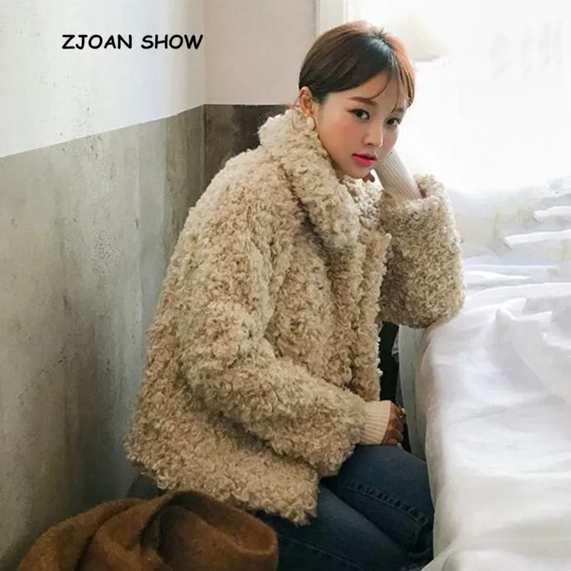 

Korea Clothing Lapel Curly Circle Hairy Shaggy Faux Sheep Fur Blazer Coat Vintage 2018 New Winter Keep Warm Short Jacket Outwear