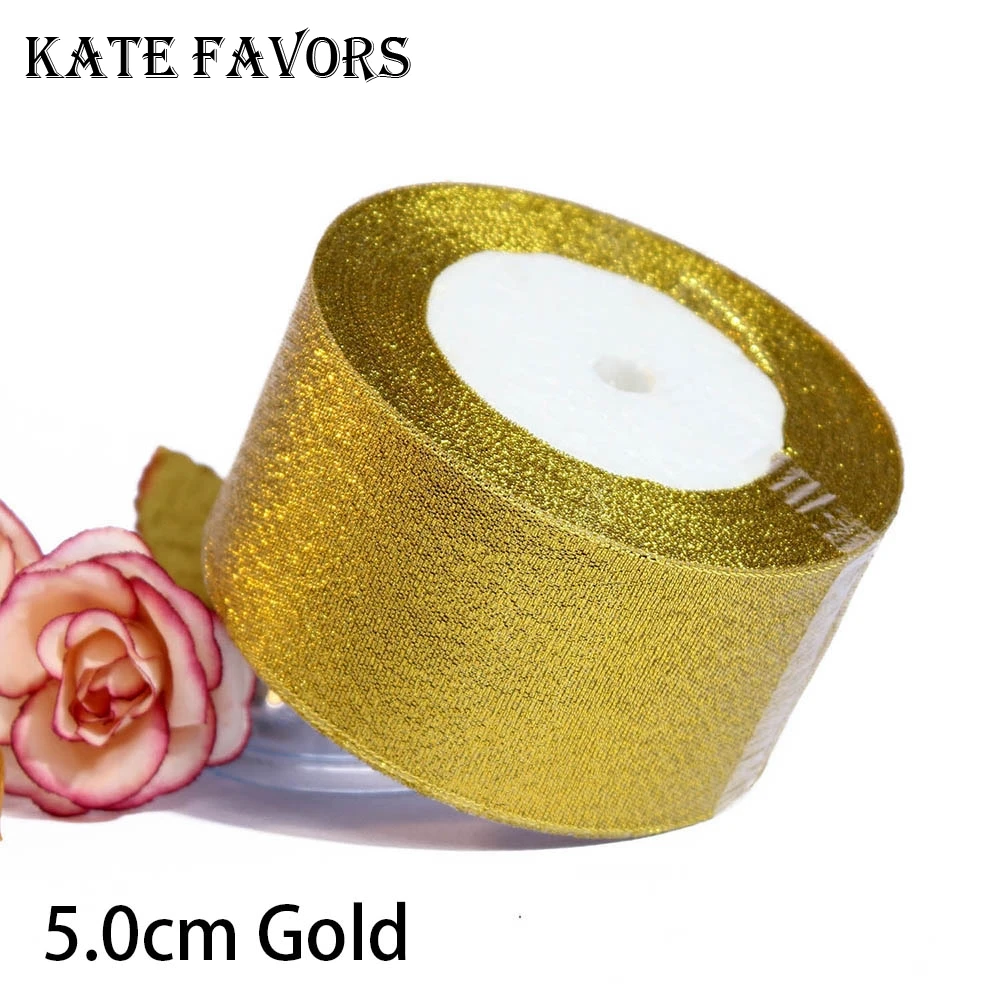 5.0cm Gold 25 ярдов Серебристые золотистые блестящие атласные ленты вечерние украшения для дома и свадьбы Подарочная упаковка Рождество год DIY ремесло материал - Цвет: 5.0cm Gold
