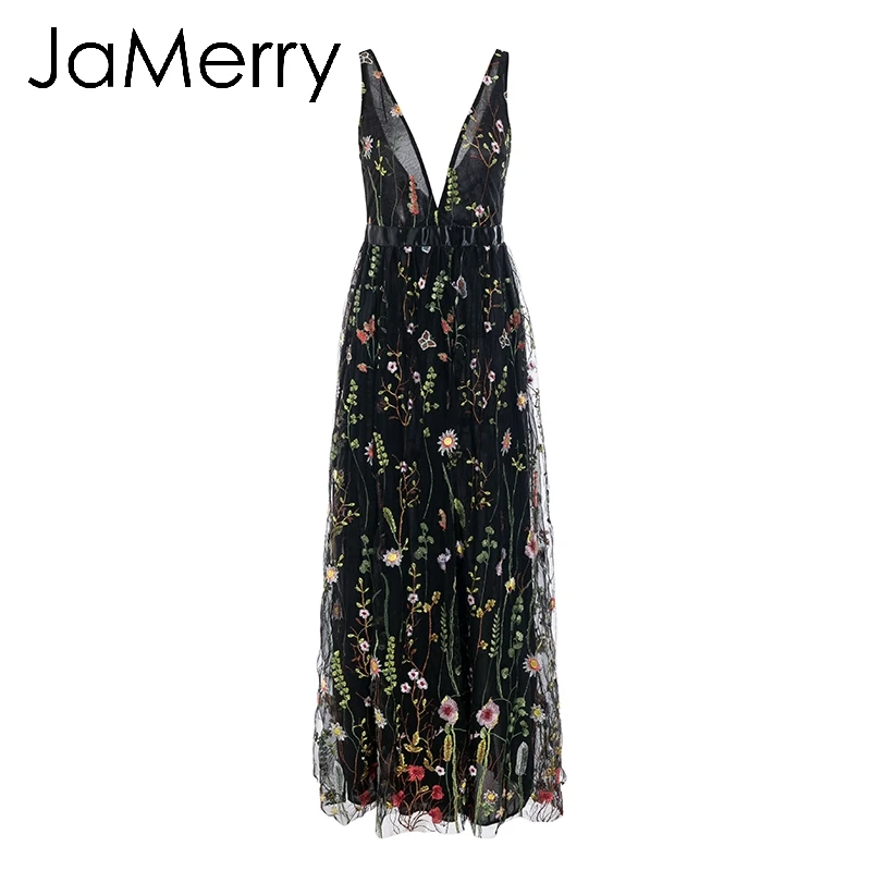 Женское Сетчатое платье JaMerry длинное с цветочной вышивкой и открытой спиной в